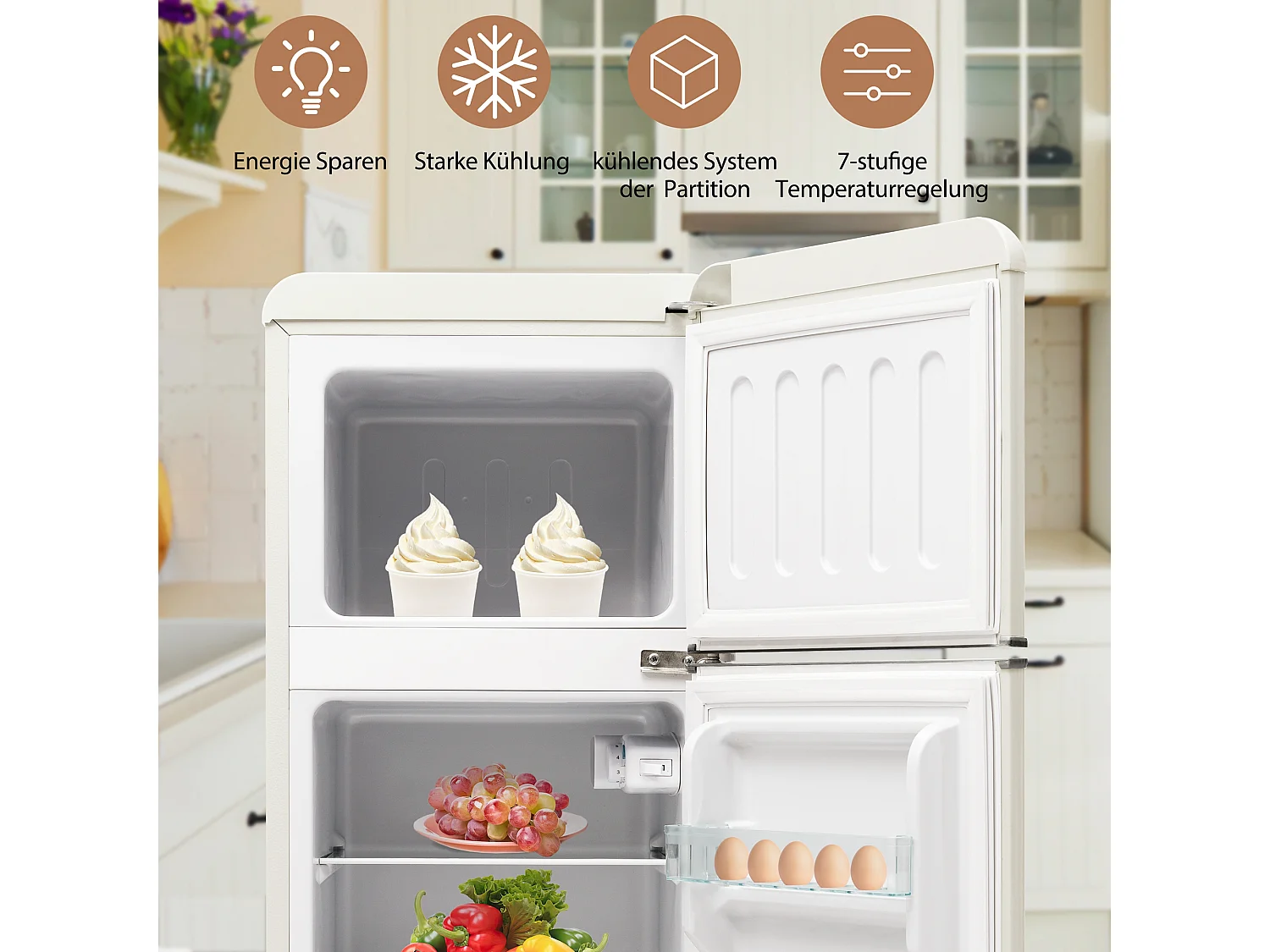 Mini Kühlschrank Retro - 92L Gesamt, 28L Gefrierfach, 64L Kühlschrank - Energieklasse D - mit LED - Retro Weiß