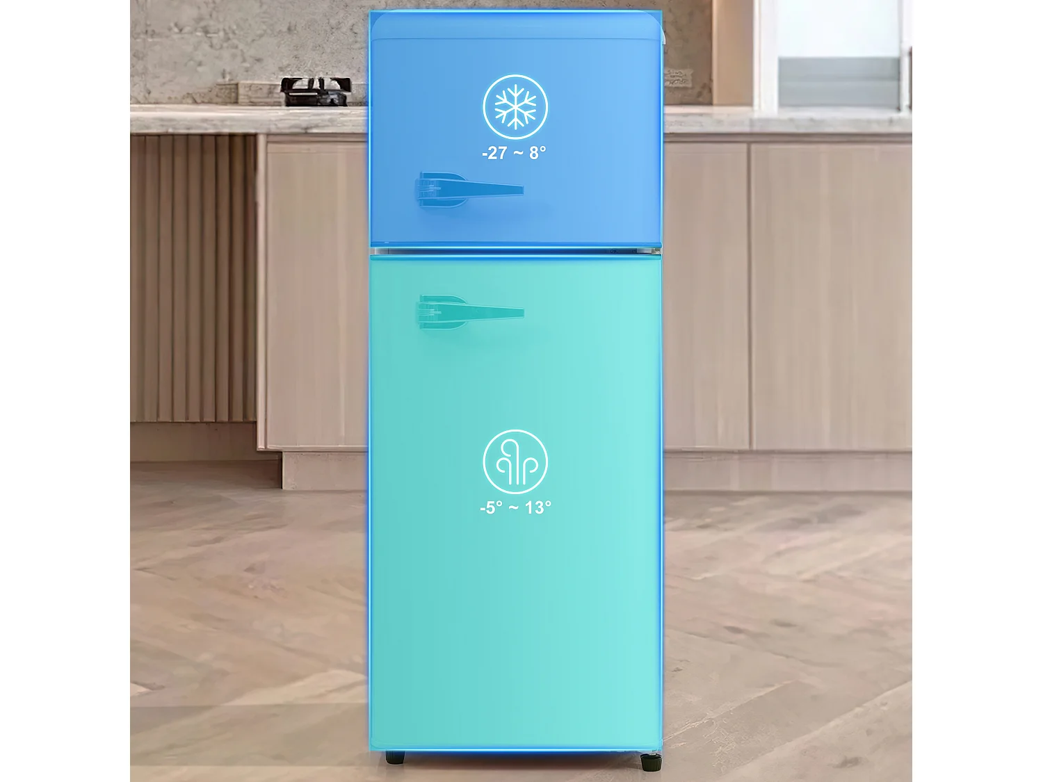 Mini Kühlschrank Retro - 92L Gesamt, 28L Gefrierfach, 64L Kühlschrank - Energieklasse D - mit LED - Retro Weiß