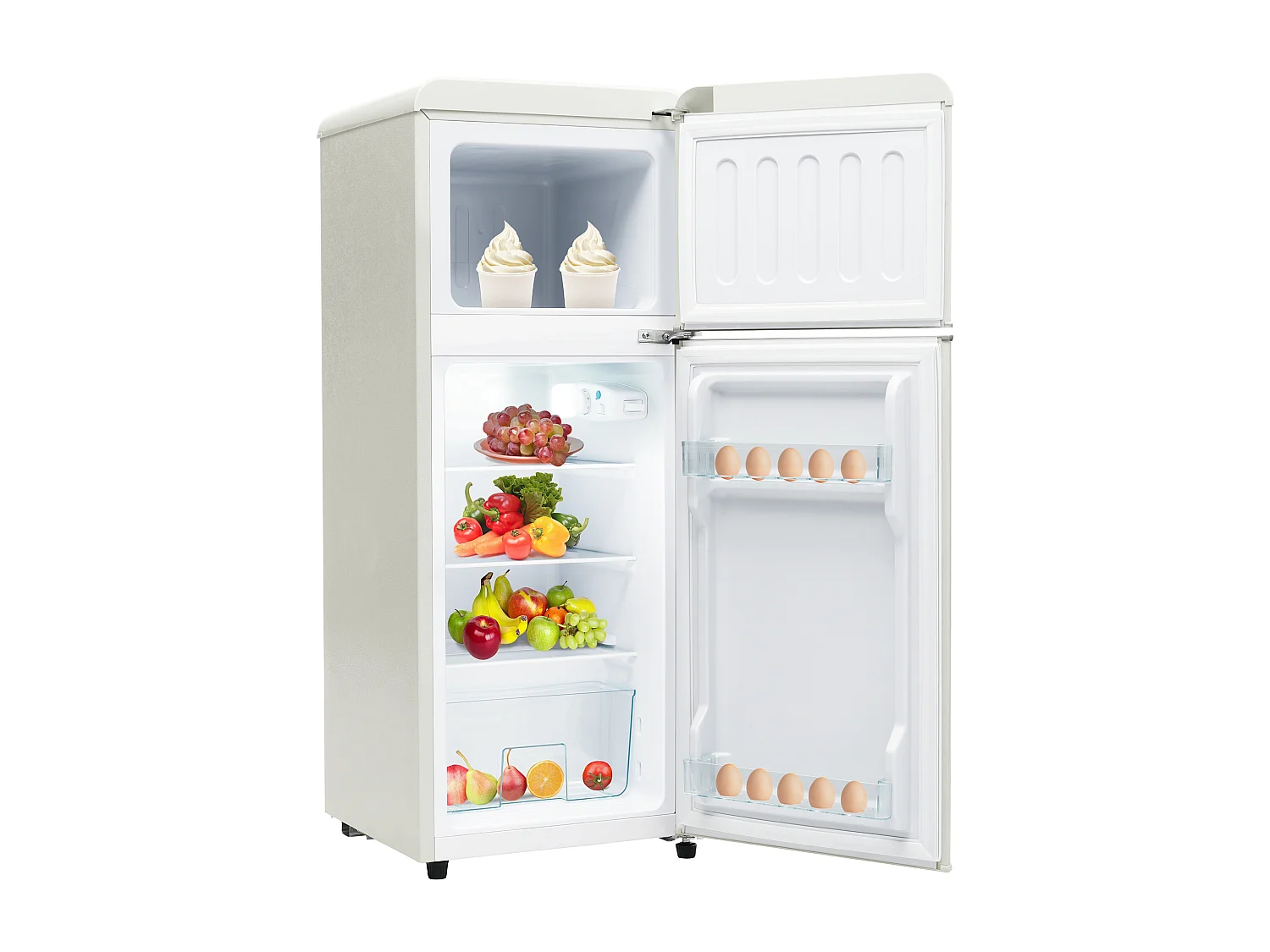 Mini Kühlschrank Retro - 92L Gesamt, 28L Gefrierfach, 64L Kühlschrank - Energieklasse D - mit LED - Retro Weiß