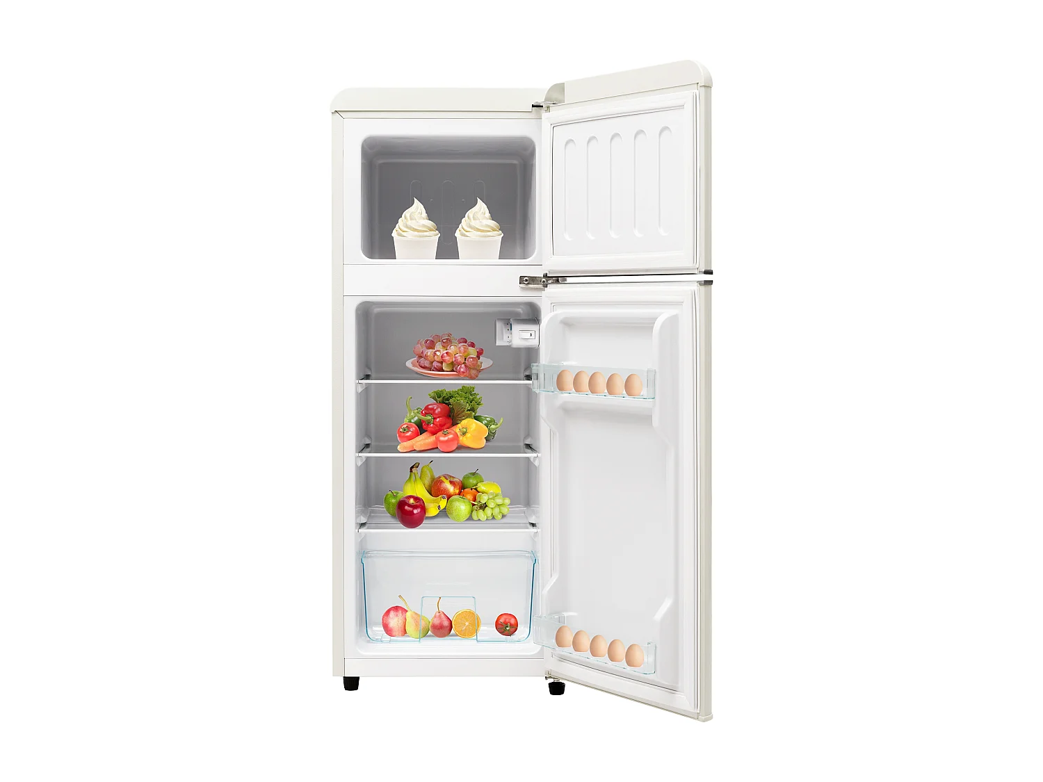 Mini Kühlschrank Retro - 92L Gesamt, 28L Gefrierfach, 64L Kühlschrank - Energieklasse D - mit LED - Retro Weiß