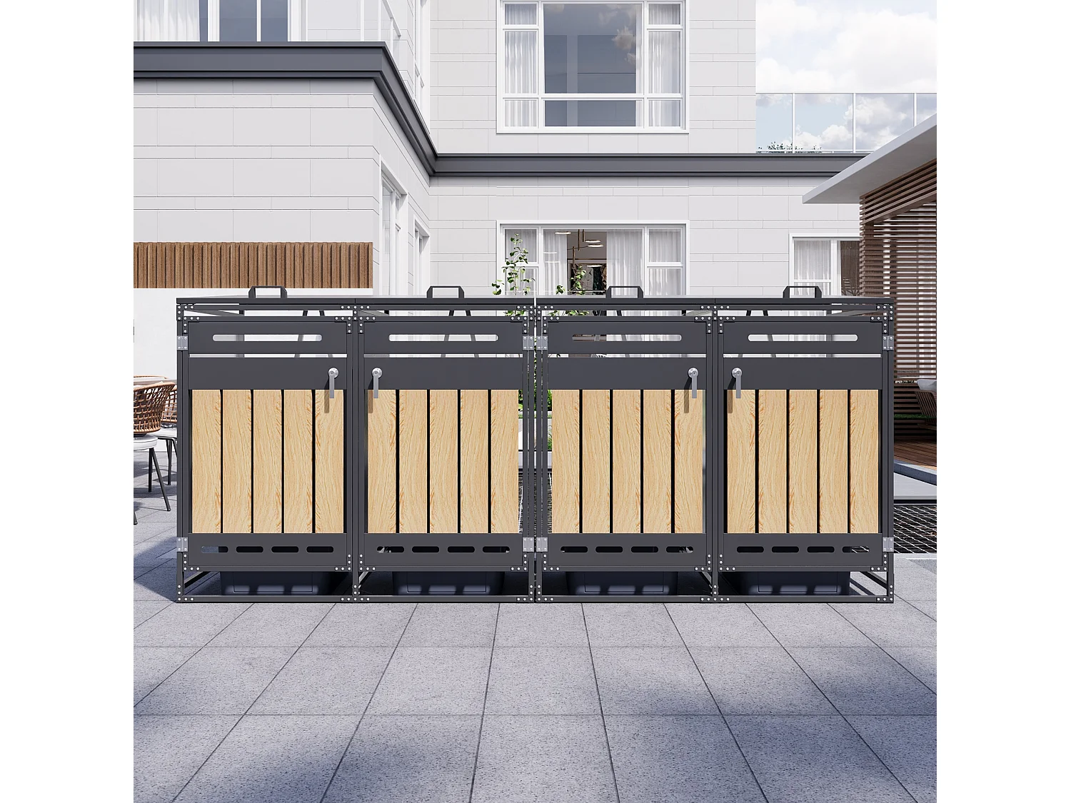Berging voor 4 afvalcontainers 131x79x116 cm - met hydraulisch deksel - met ventilatieopeningen en slot - zwart