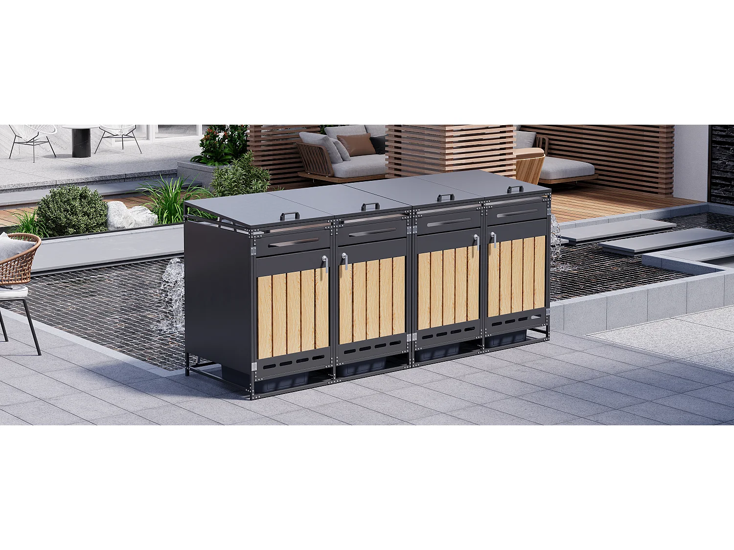 Berging voor 4 afvalcontainers 131x79x116 cm - met hydraulisch deksel - met ventilatieopeningen en slot - zwart