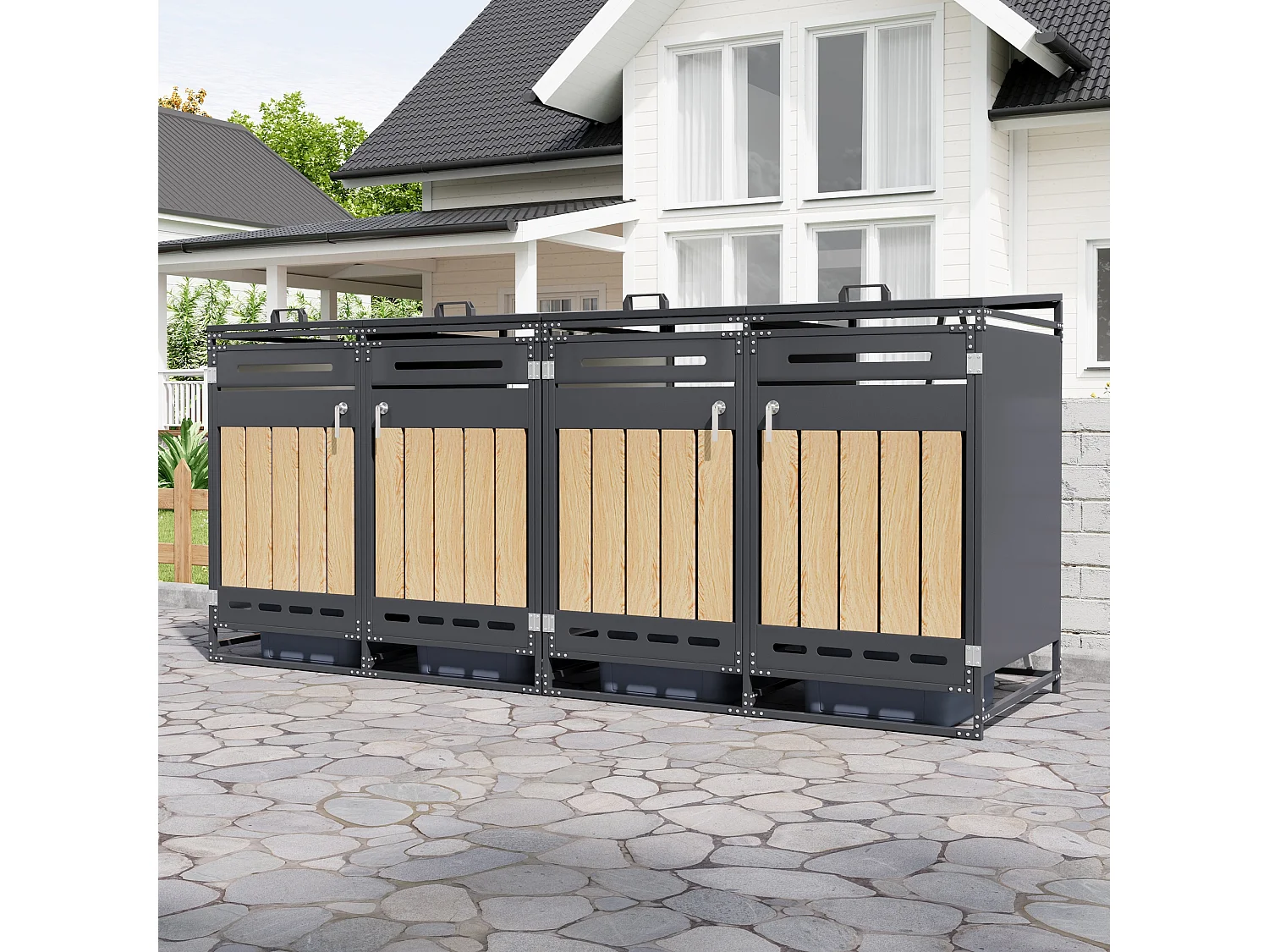 Berging voor 4 afvalcontainers 131x79x116 cm - met hydraulisch deksel - met ventilatieopeningen en slot - zwart