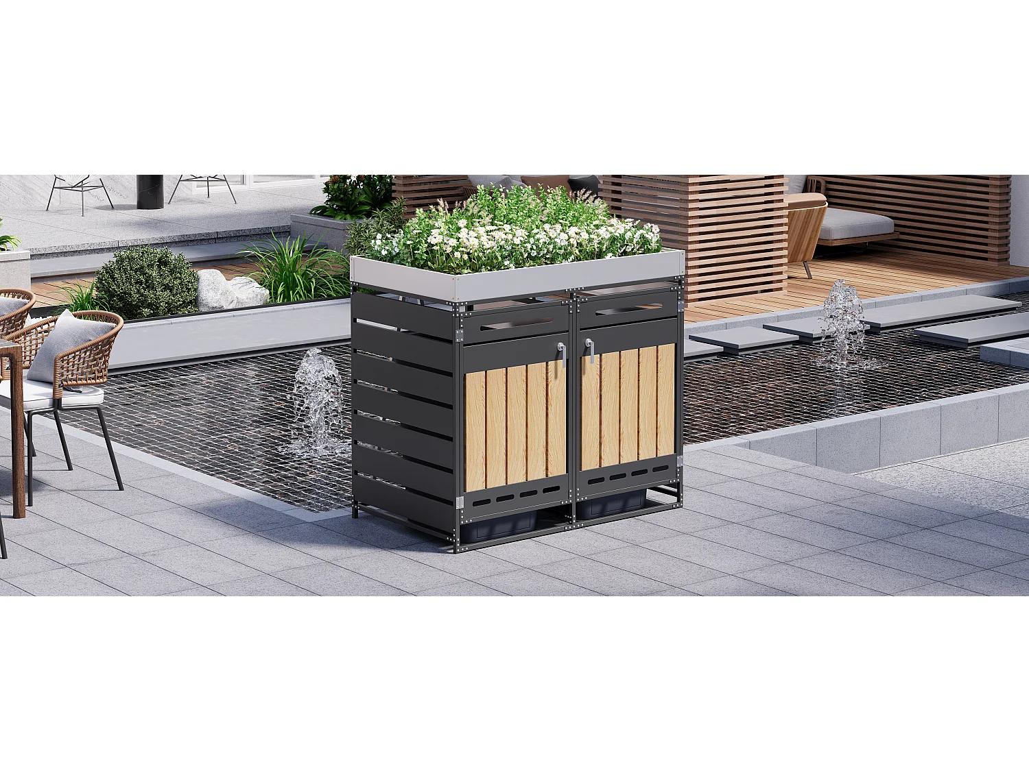 Berging voor 2 afvalcontainers 131x79x120 cm - met geïntegreerde plantenbak - met ventilatieopeningen en slot - zwart