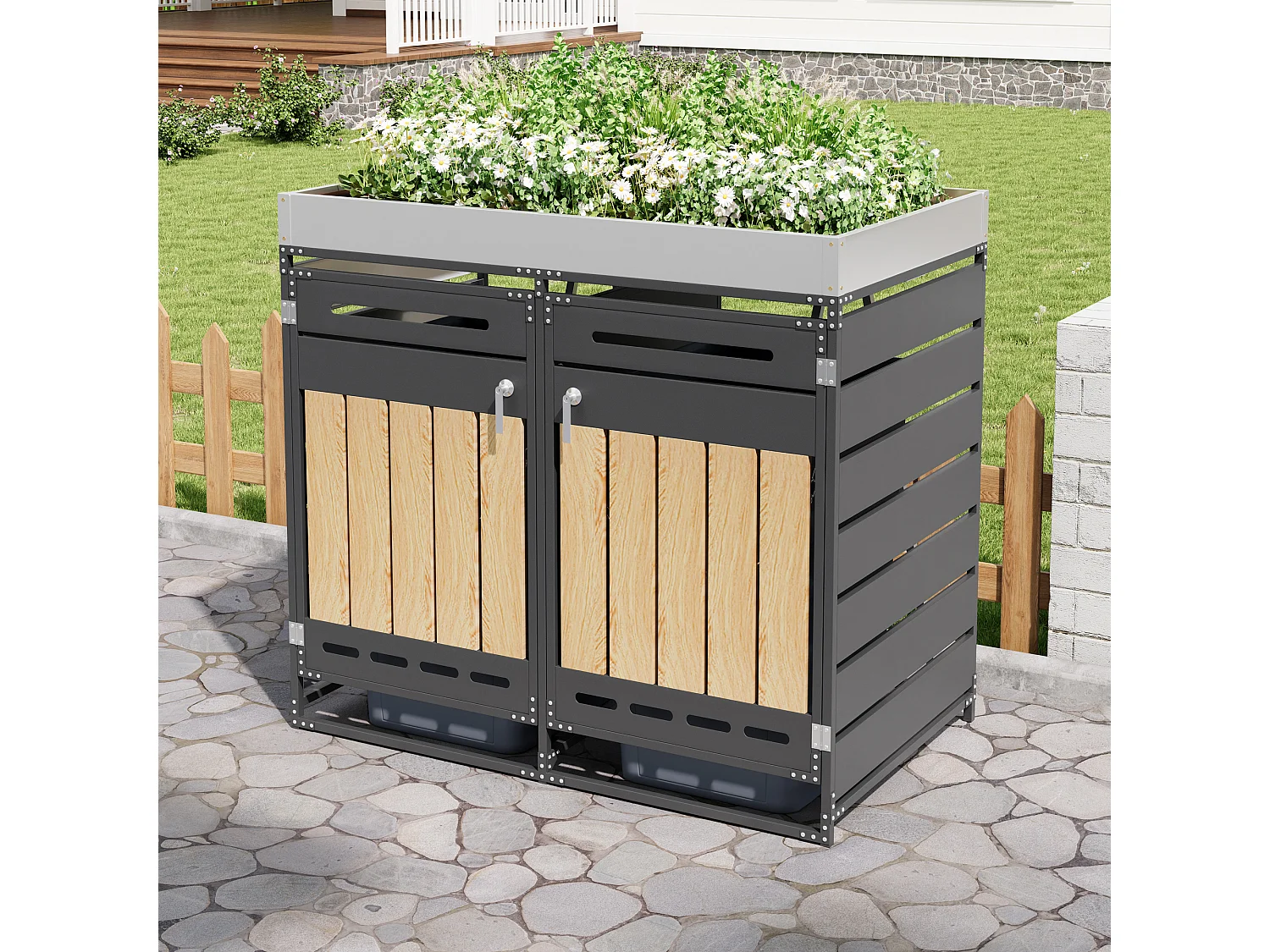 Berging voor 2 afvalcontainers 131x79x120 cm - met geïntegreerde plantenbak - met ventilatieopeningen en slot - zwart