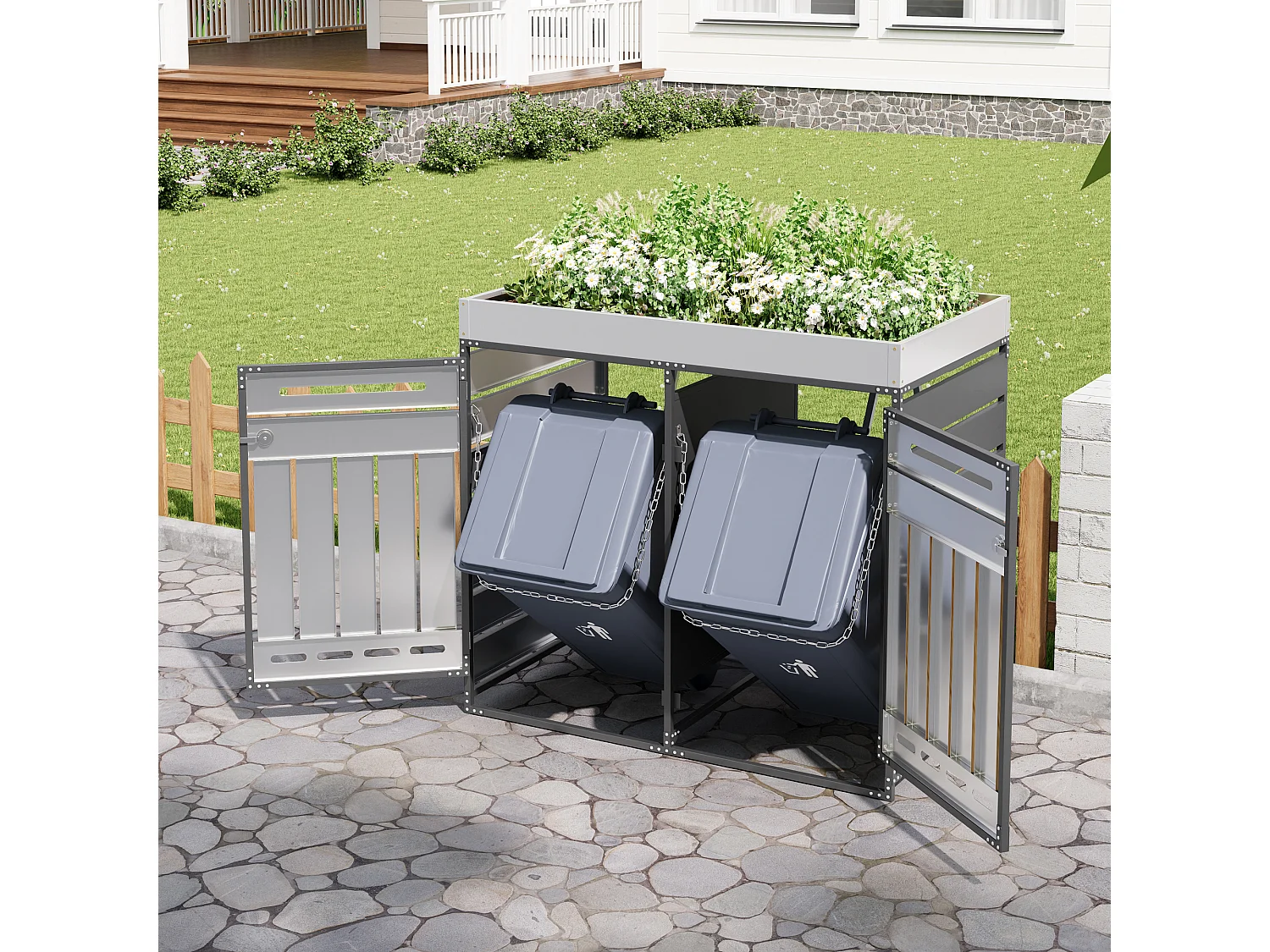 Berging voor 2 afvalcontainers 131x79x120 cm - met geïntegreerde plantenbak - met ventilatieopeningen en slot - zwart
