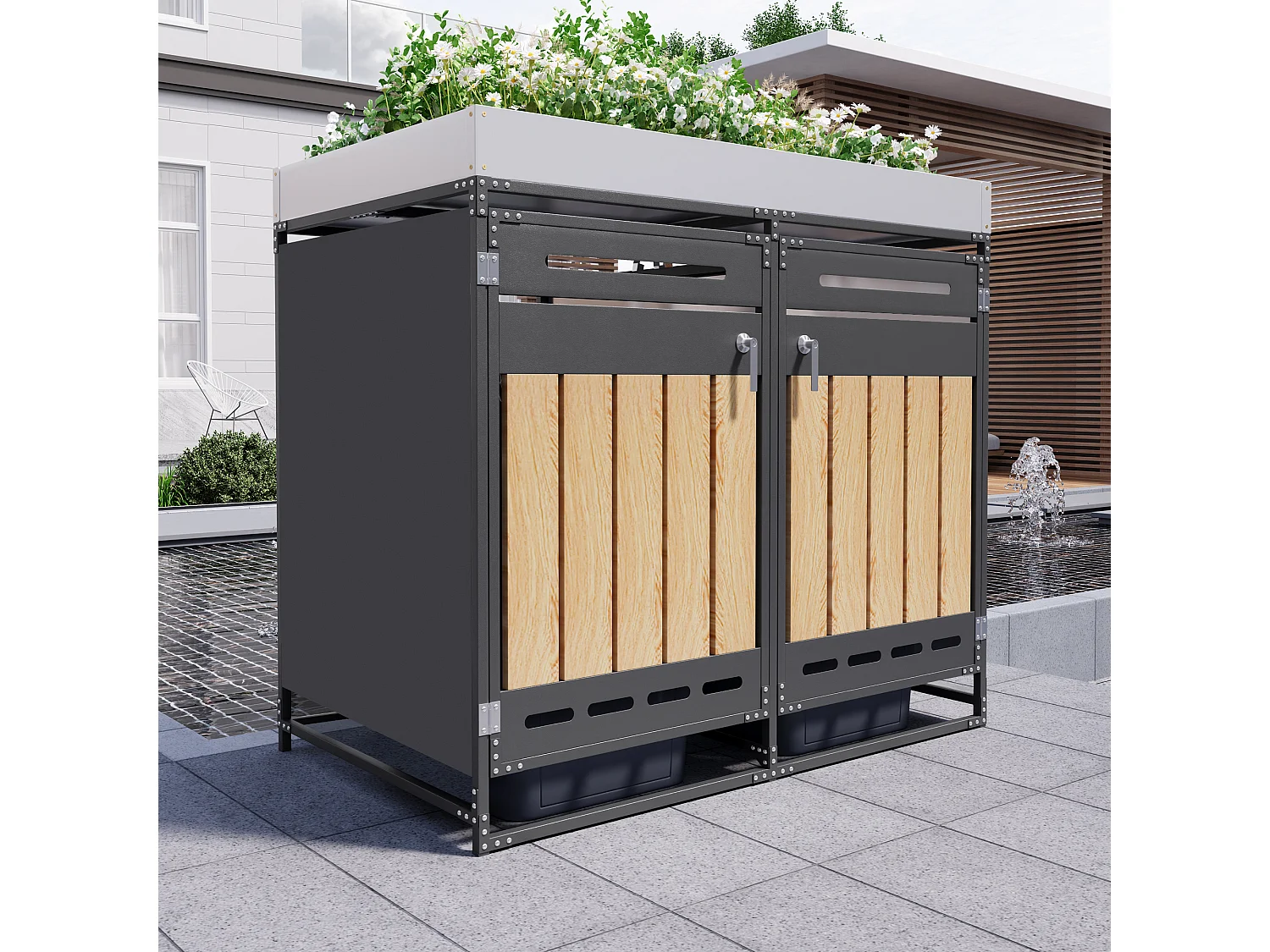 Berging voor 2 afvalcontainers 131x79x120 cm - met geïntegreerde plantenbak - met ventilatieopeningen en slot - zwart