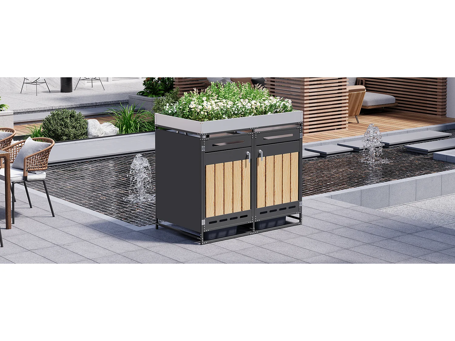 Berging voor 2 afvalcontainers 131x79x120 cm - met geïntegreerde plantenbak - met ventilatieopeningen en slot - zwart