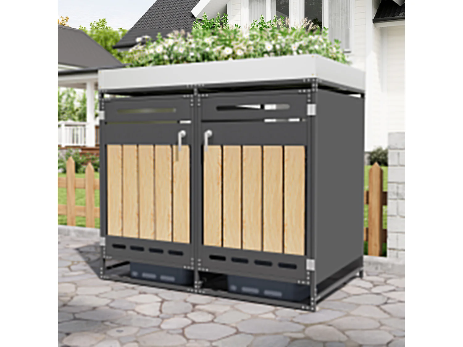 Berging voor 2 afvalcontainers 131x79x120 cm - met geïntegreerde plantenbak - met ventilatieopeningen en slot - zwart