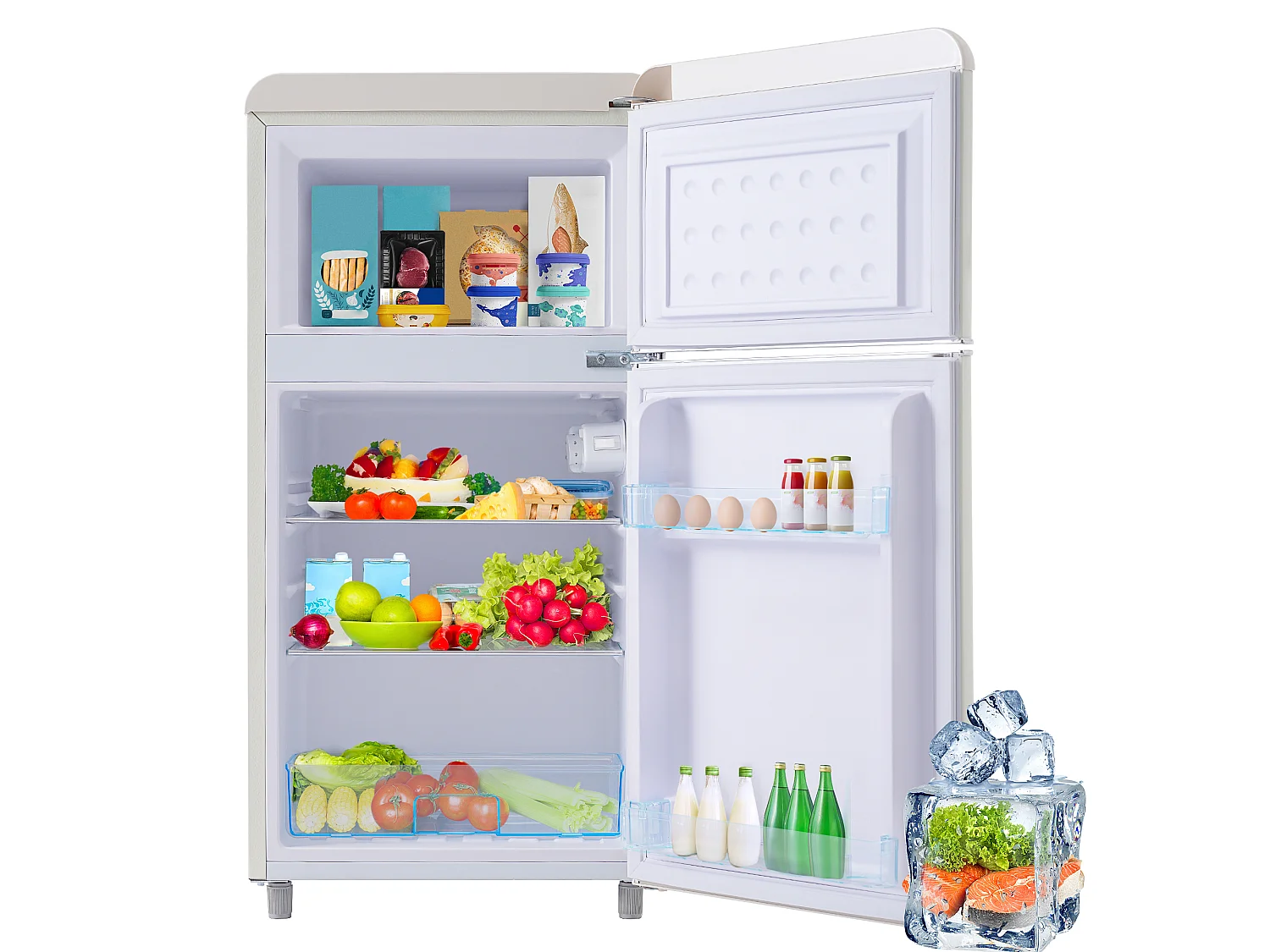 Mini Réfrigérateur Retro - 72L Total, 21L Congélateur, 51L Réfrigérateur - Énergie Classe E - avec LED - blanc