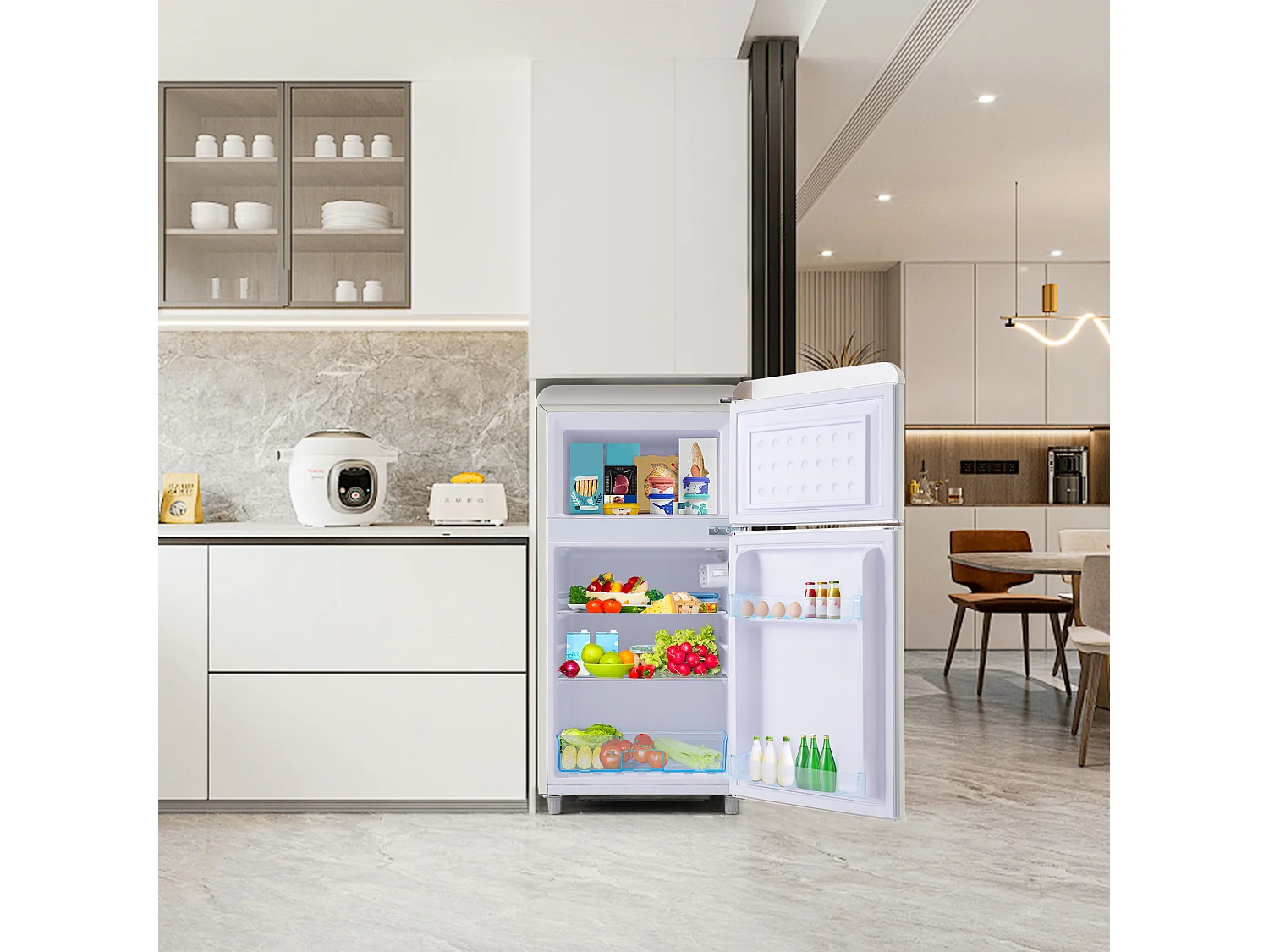 Mini Réfrigérateur Retro - 72L Total, 21L Congélateur, 51L Réfrigérateur - Énergie Classe E - avec LED - blanc