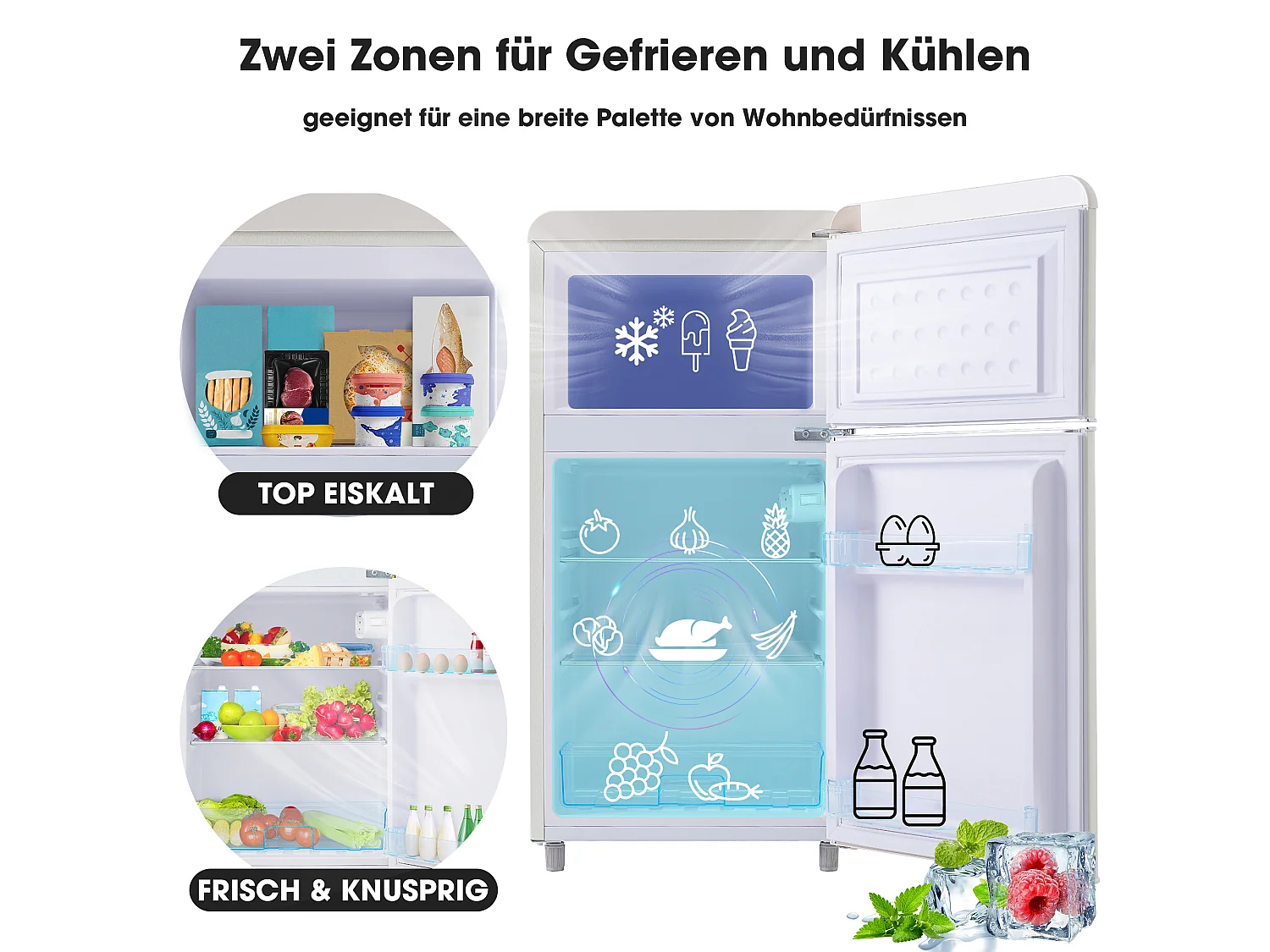 Mini Réfrigérateur Retro - 72L Total, 21L Congélateur, 51L Réfrigérateur - Énergie Classe E - avec LED - blanc