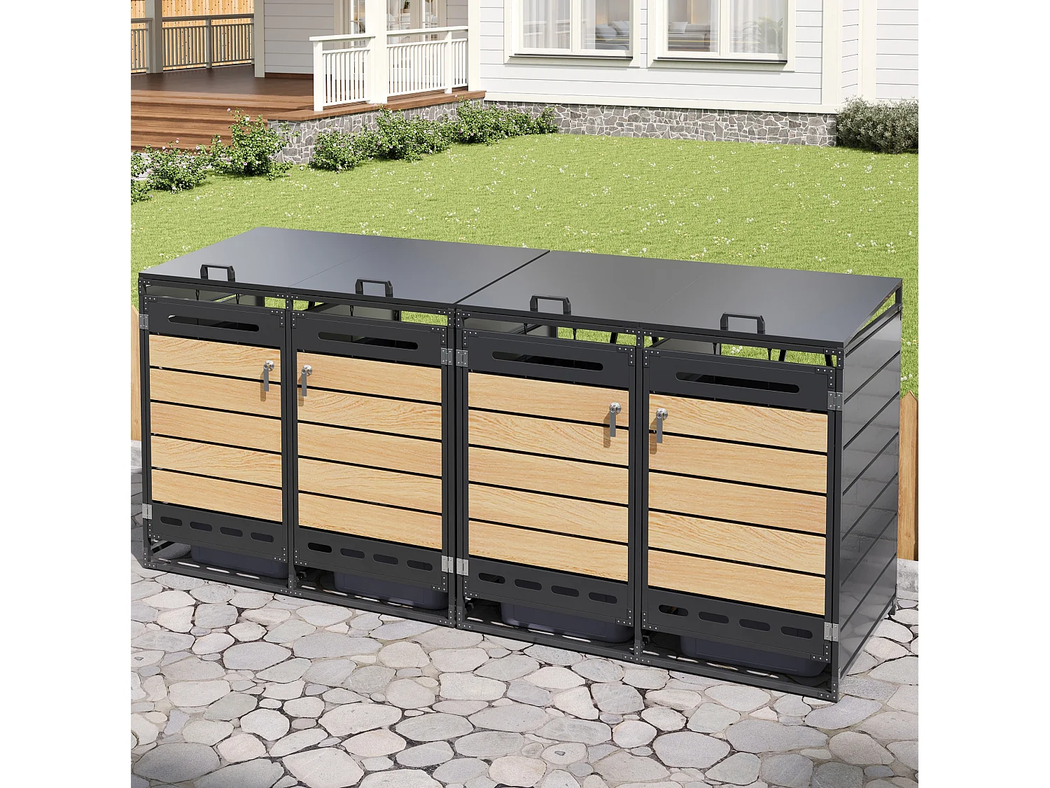 Abri pour 4 poubelles de jardin 262x79x116cm - avec couvercle hydraulique - avec aérations et serrure - noir