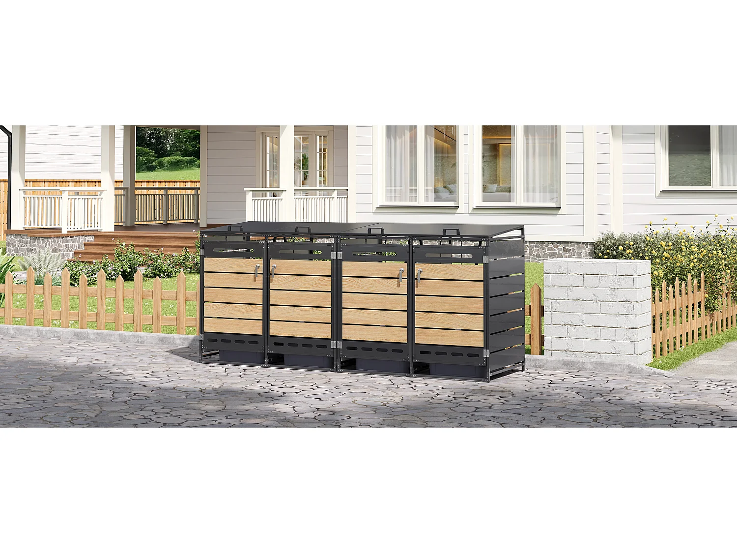 Abri pour 4 poubelles de jardin 262x79x116cm - avec couvercle hydraulique - avec aérations et serrure - noir