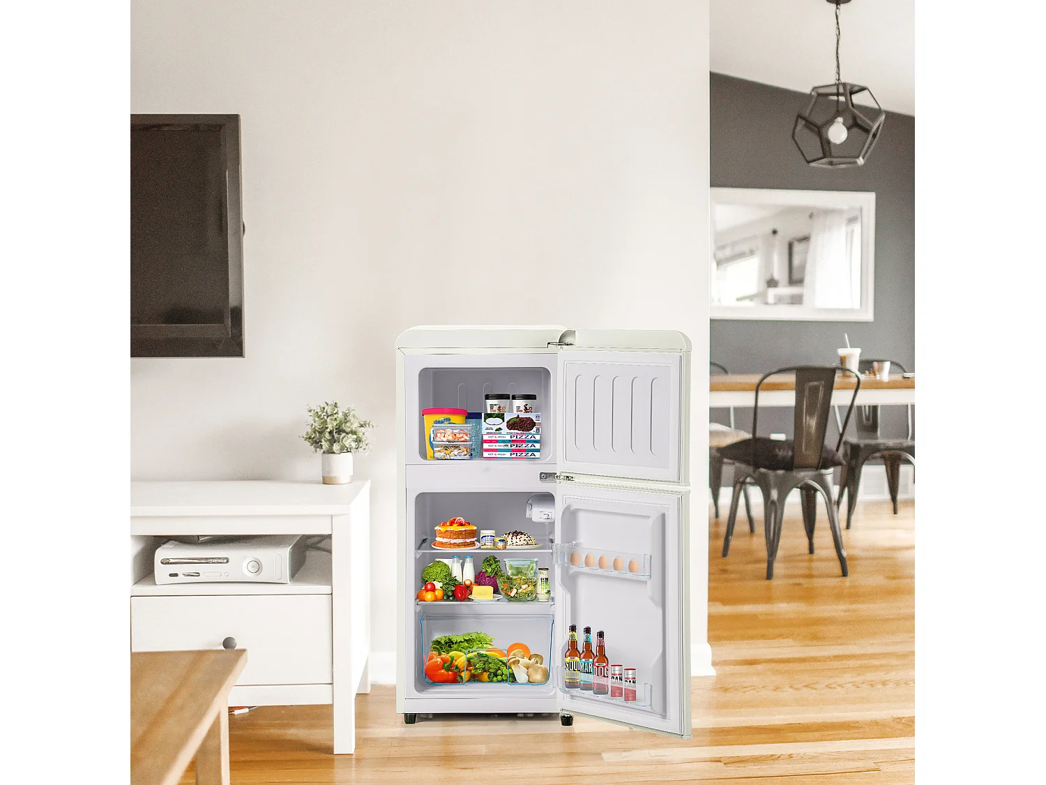 Mini Réfrigérateur Retro - 60L Total, 22L Congélateur, 38L Réfrigérateur - Énergie Classe E - avec LED - Blanc crémeux