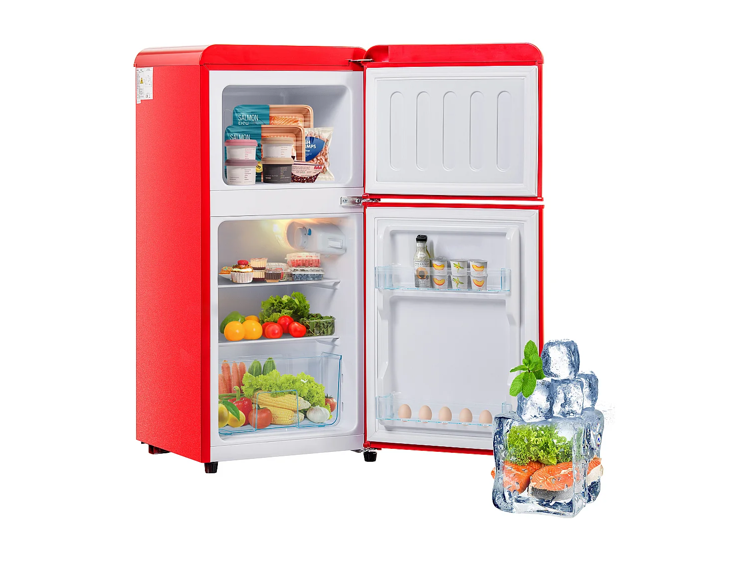 Mini Réfrigérateur Retro - 60L Total, 22L Congélateur, 38L Réfrigérateur - Énergie Classe E - avec LED - Rouge