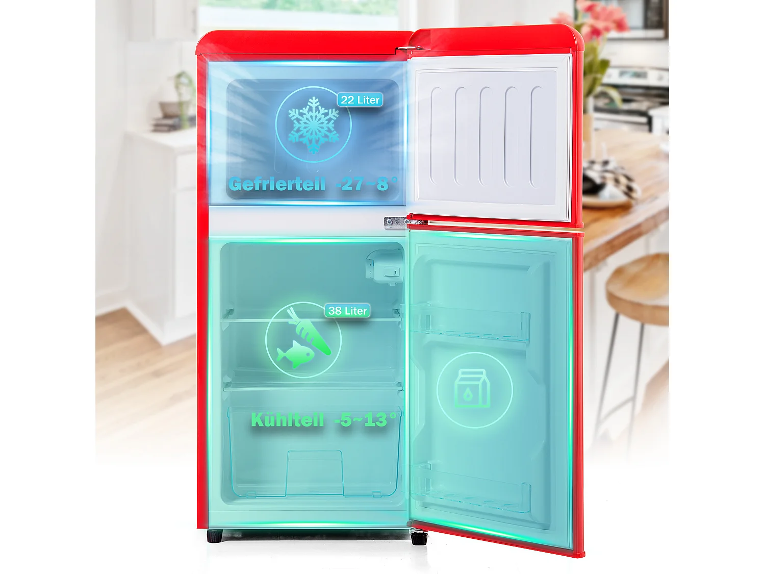 Mini Réfrigérateur Retro - 60L Total, 22L Congélateur, 38L Réfrigérateur - Énergie Classe E - avec LED - Rouge