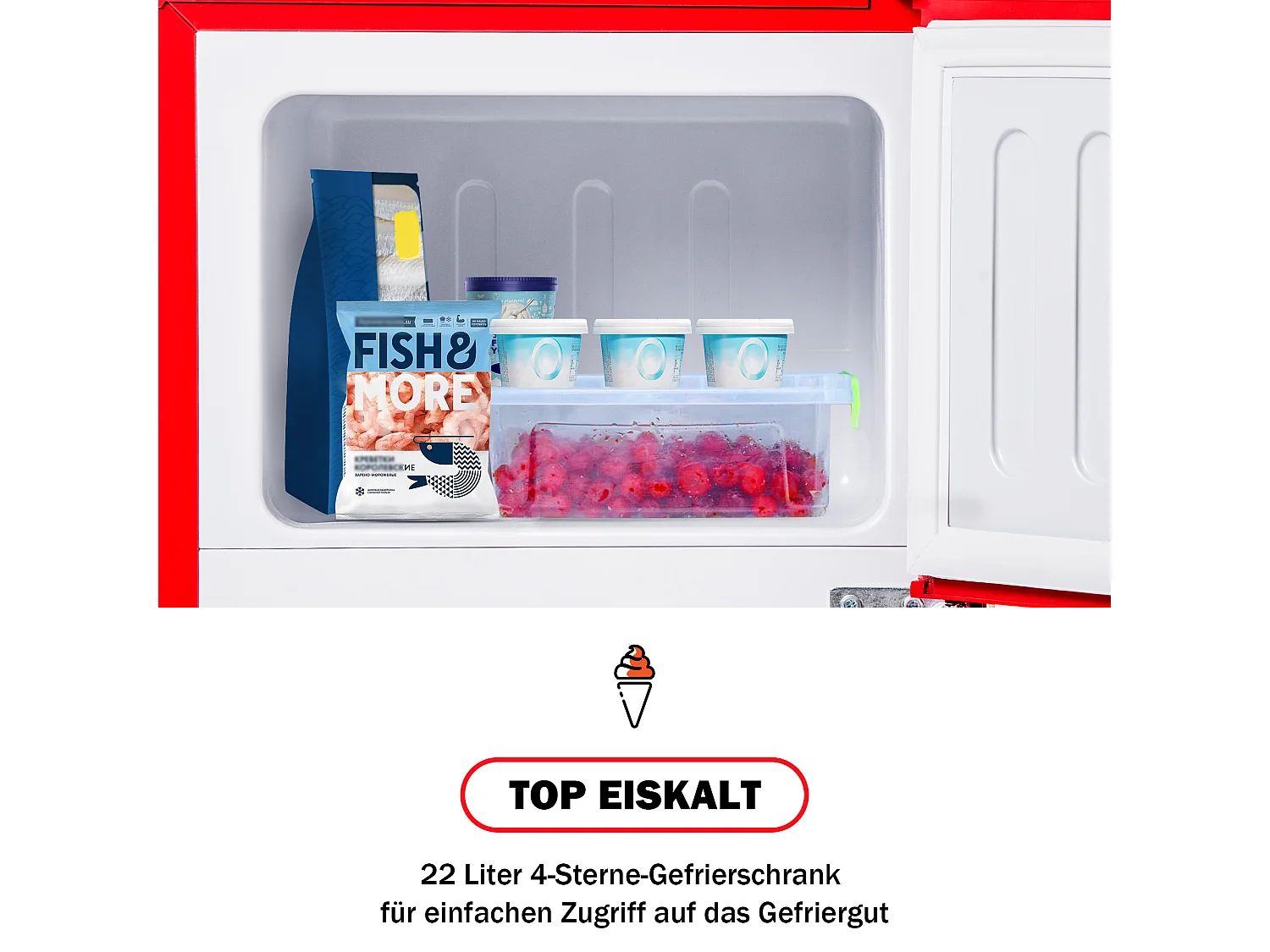Mini Réfrigérateur Retro - 60L Total, 22L Congélateur, 38L Réfrigérateur - Énergie Classe E - avec LED - Rouge