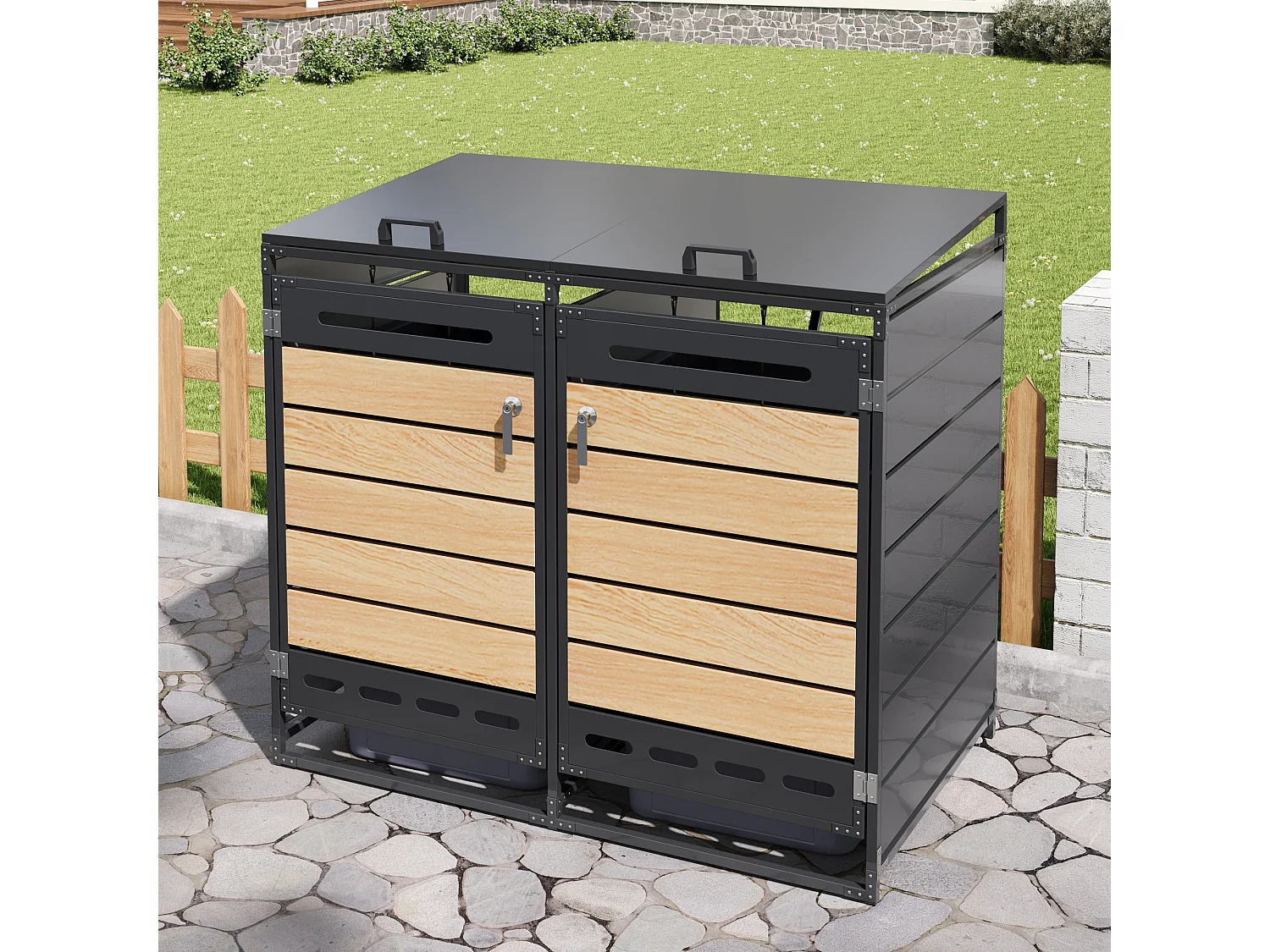 Berging voor 2 afvalcontainers 131x79x116 cm - met hydraulisch deksel - met ventilatieopeningen en slot - zwart