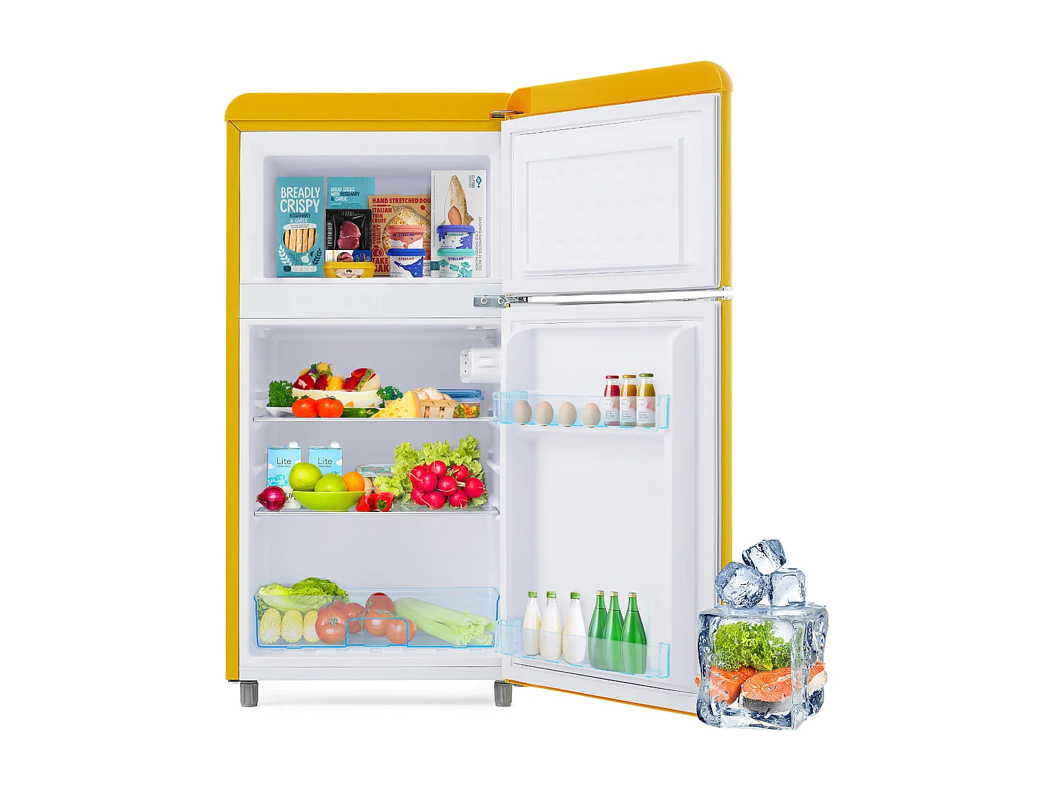 Mini Réfrigérateur Retro - 72L Total, 21L Congélateur, 51L Réfrigérateur - Énergie Classe E - avec LED - jaune