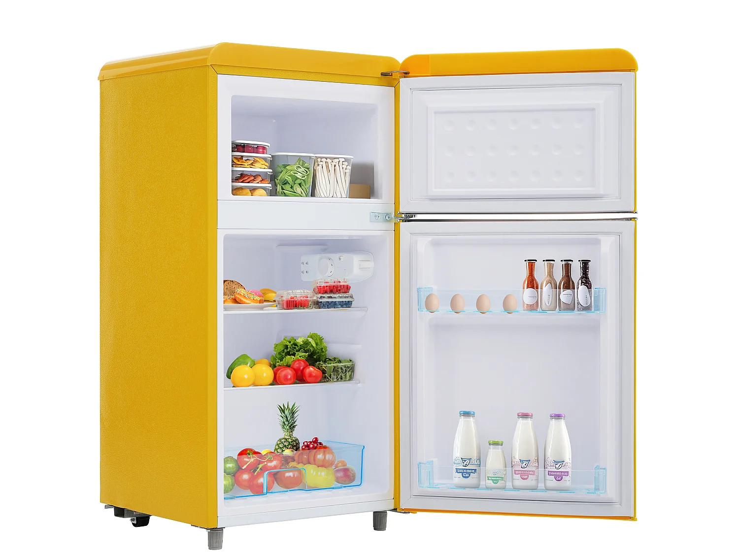 Mini Réfrigérateur Retro - 72L Total, 21L Congélateur, 51L Réfrigérateur - Énergie Classe E - avec LED - jaune