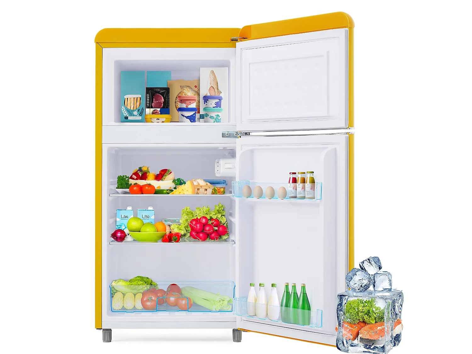 Mini Réfrigérateur Retro - 72L Total, 21L Congélateur, 51L Réfrigérateur - Énergie Classe E - avec LED - jaune