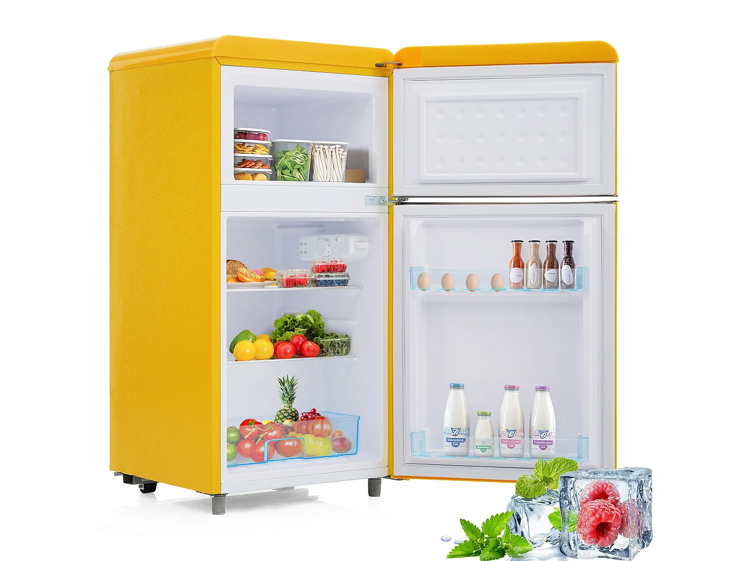 Mini Réfrigérateur Retro - 72L Total, 21L Congélateur, 51L Réfrigérateur - Énergie Classe E - avec LED - jaune
