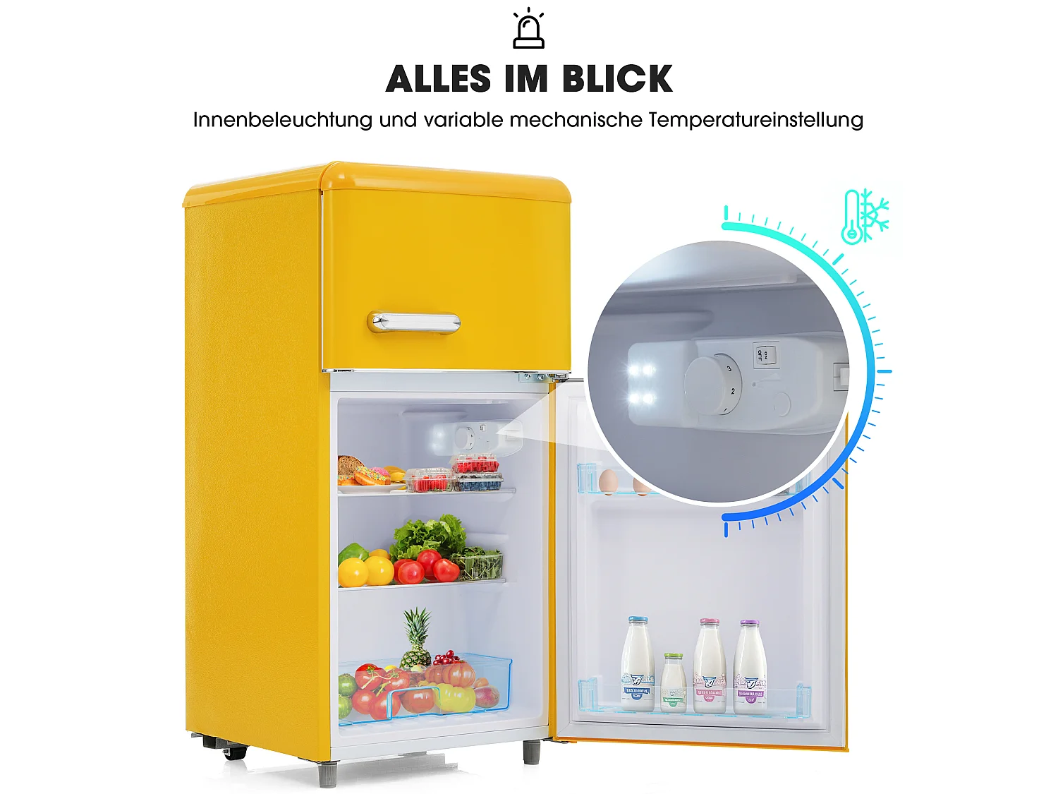 Mini Réfrigérateur Retro - 72L Total, 21L Congélateur, 51L Réfrigérateur - Énergie Classe E - avec LED - jaune