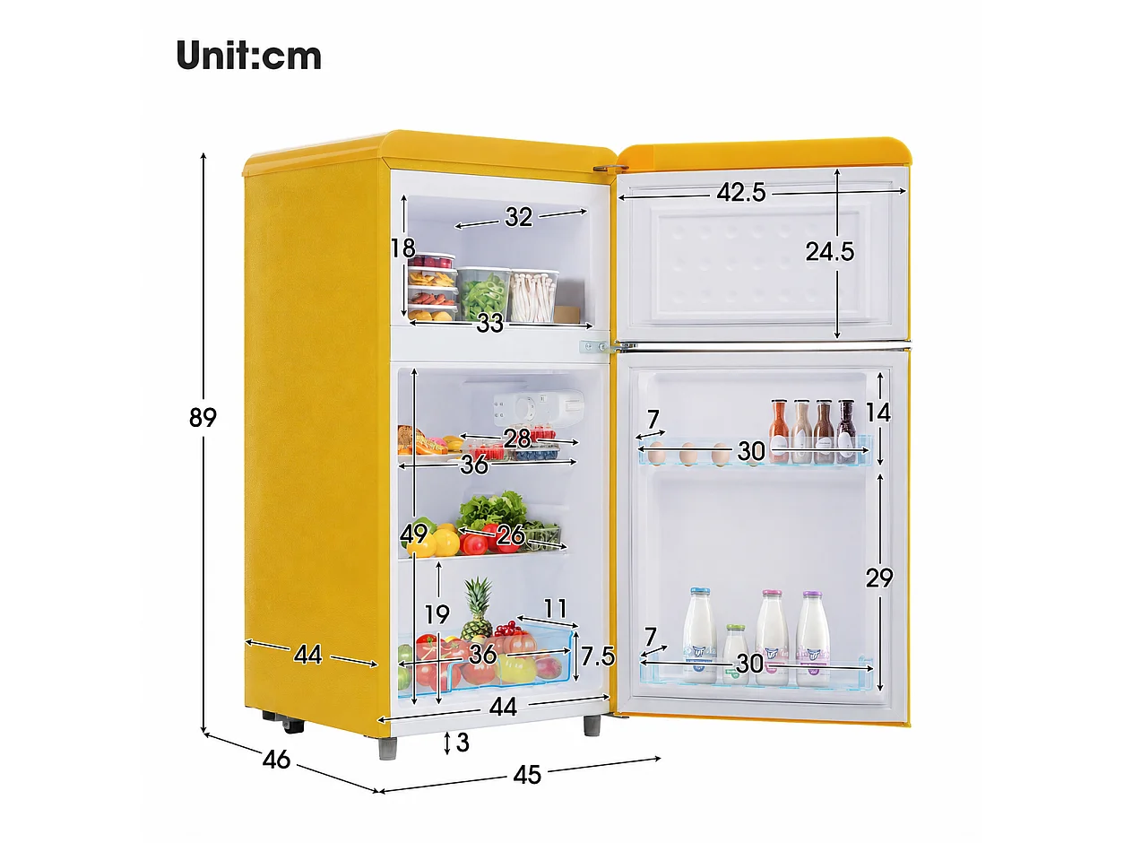Mini Réfrigérateur Retro - 72L Total, 21L Congélateur, 51L Réfrigérateur - Énergie Classe E - avec LED - jaune