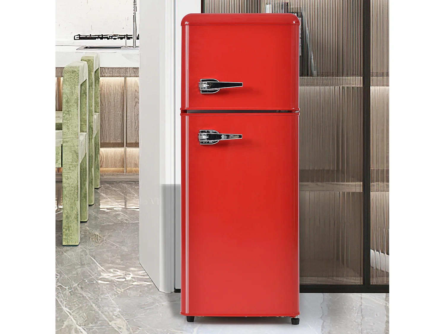 Mini Kühlschrank Retro - 92L Gesamt, 28L Gefrierfach, 64L Kühlschrank - Energieklasse D - mit LED - Rot