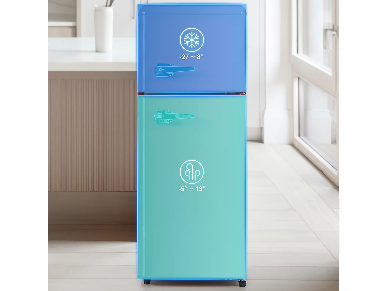Mini Kühlschrank Retro - 92L Gesamt, 28L Gefrierfach, 64L Kühlschrank - Energieklasse D - mit LED - Rot