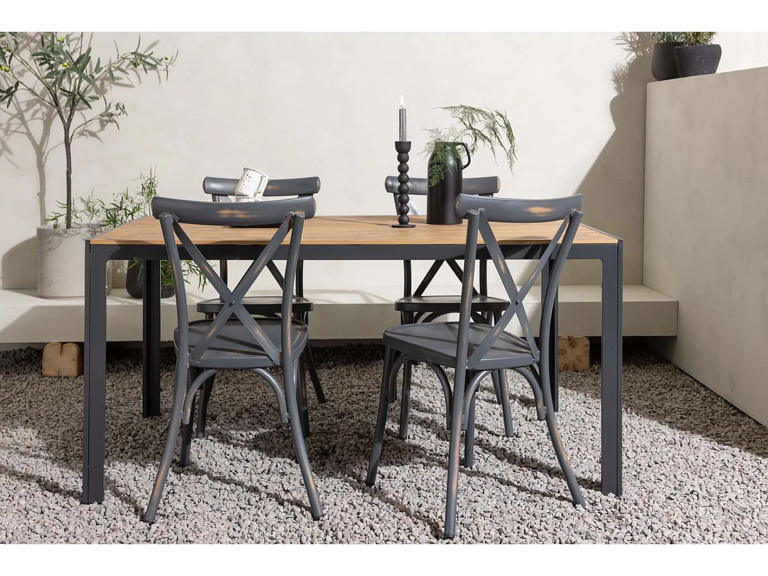 Break tuinmeubelset tafel 90x150cm naturel, 4 stoelen Peking donkergrijs.