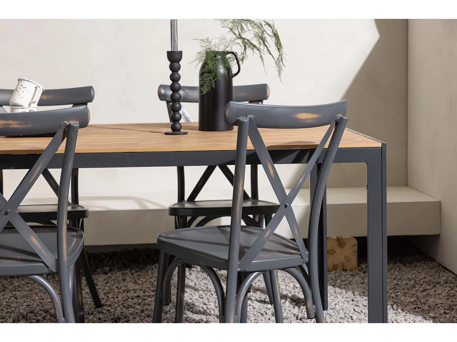 Break tuinmeubelset tafel 90x150cm naturel, 4 stoelen Peking donkergrijs.