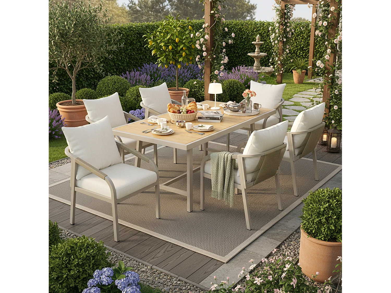 Garden dining set for 6 people - 6 armchairs - 1 table - galvanized iron frame - braided rope - wood-plastic composite, khaki and beige
