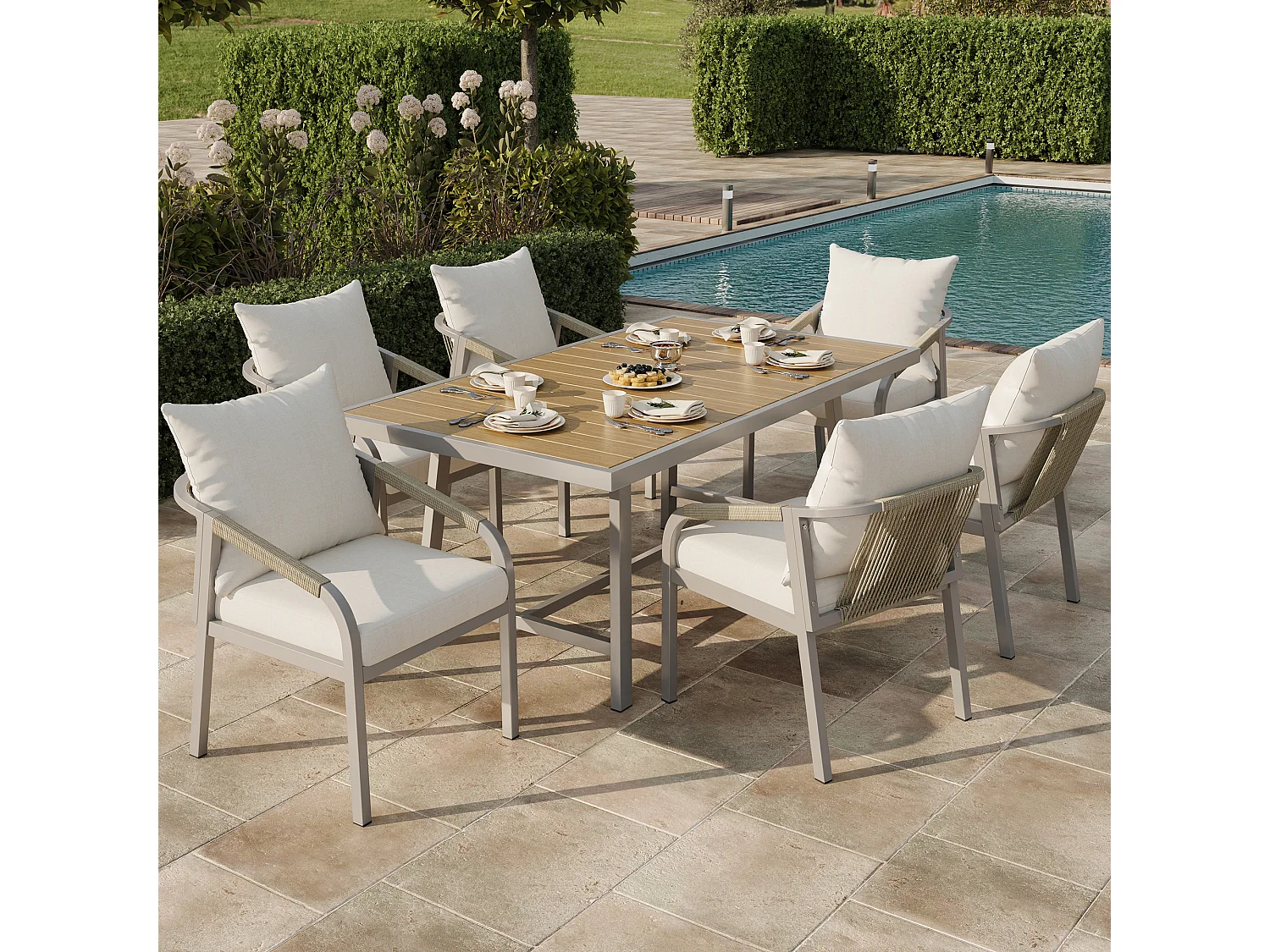 Garden dining set for 6 people - 6 armchairs - 1 table - galvanized iron frame - braided rope - wood-plastic composite, khaki and beige