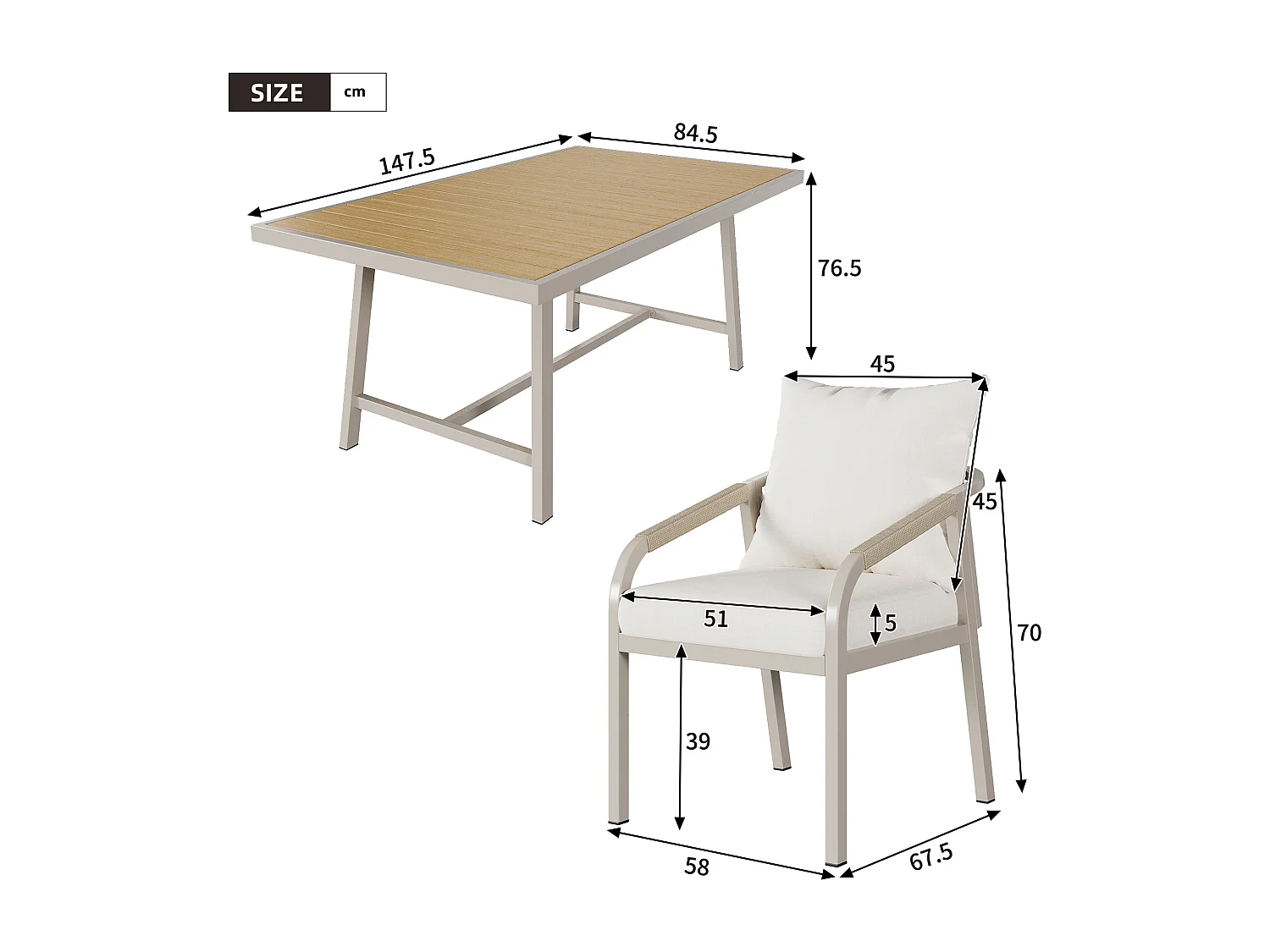 Garden dining set for 6 people - 6 armchairs - 1 table - galvanized iron frame - braided rope - wood-plastic composite, khaki and beige