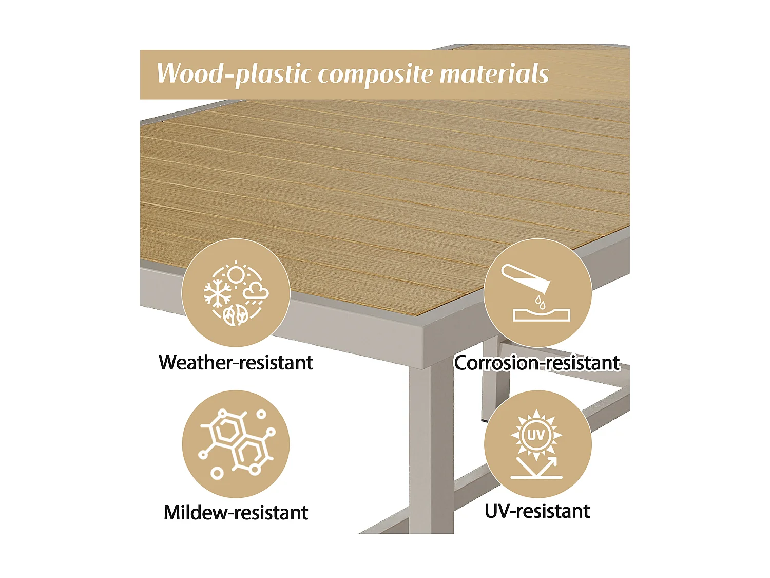 Garden dining set for 6 people - 6 armchairs - 1 table - galvanized iron frame - braided rope - wood-plastic composite, khaki and beige