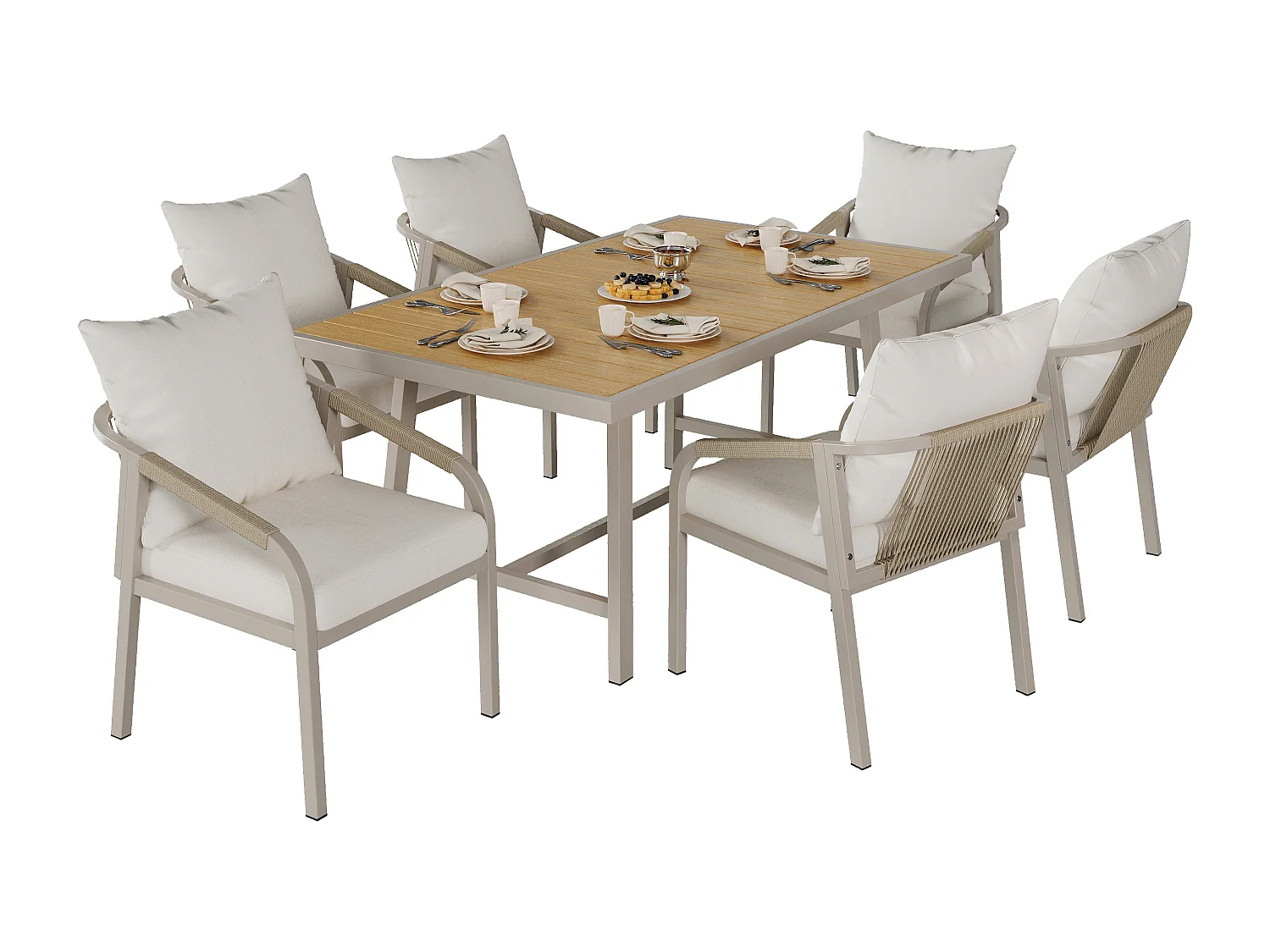 Garden dining set for 6 people - 6 armchairs - 1 table - galvanized iron frame - braided rope - wood-plastic composite, khaki and beige
