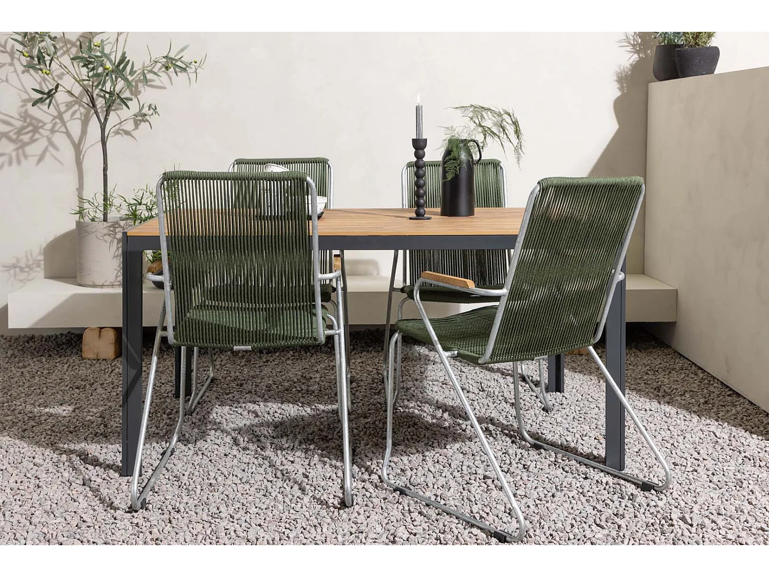 Break set de jardin table 90x150cm naturel, 4 chaises Bois vert.