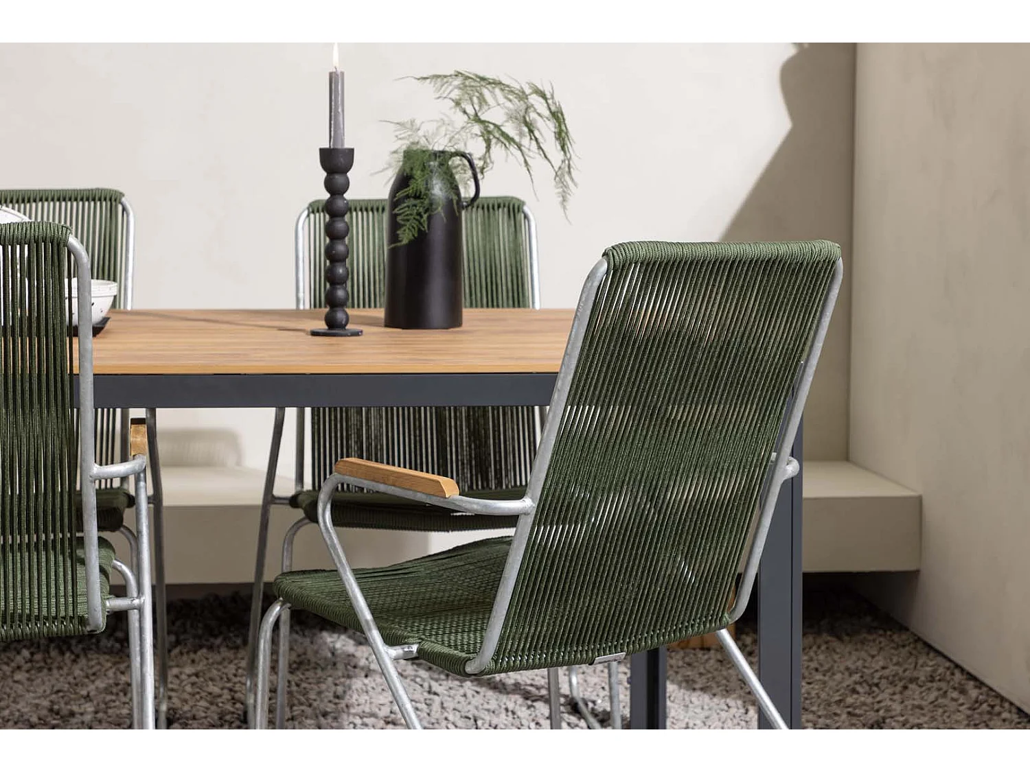 Break set de jardin table 90x150cm naturel, 4 chaises Bois vert.