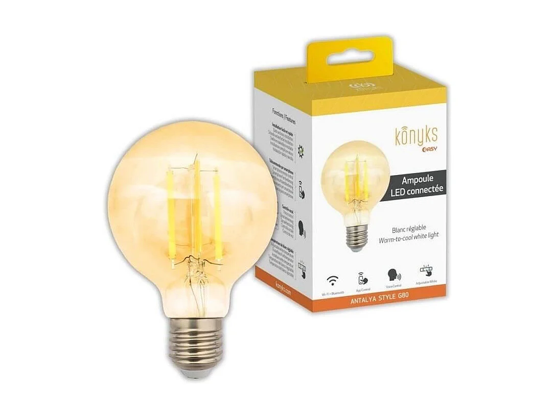 Lâmpada Inteligente Konyks Antalya Style G80 E27 - Wi-Fi + BT - 7W - Branco Ajustável - Compatível com Alexa/Google Home