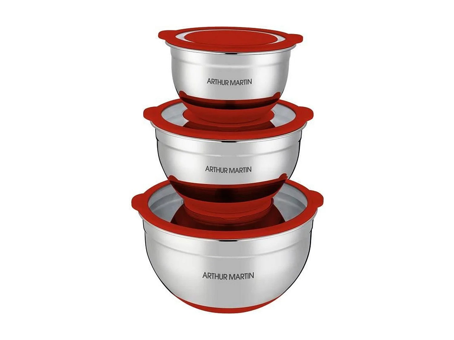 Set de saladiers 16-20-24 cm couvercles hermétiques - inox - Fond en silicone anti-dérapant