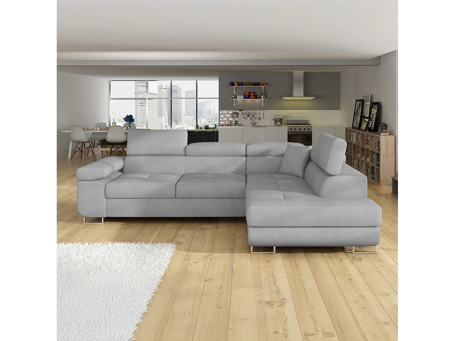 Canapé d'angle droit convertible Marius velours Gris