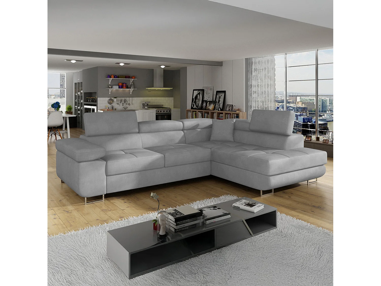Canapé d'angle droit convertible Marius velours Gris