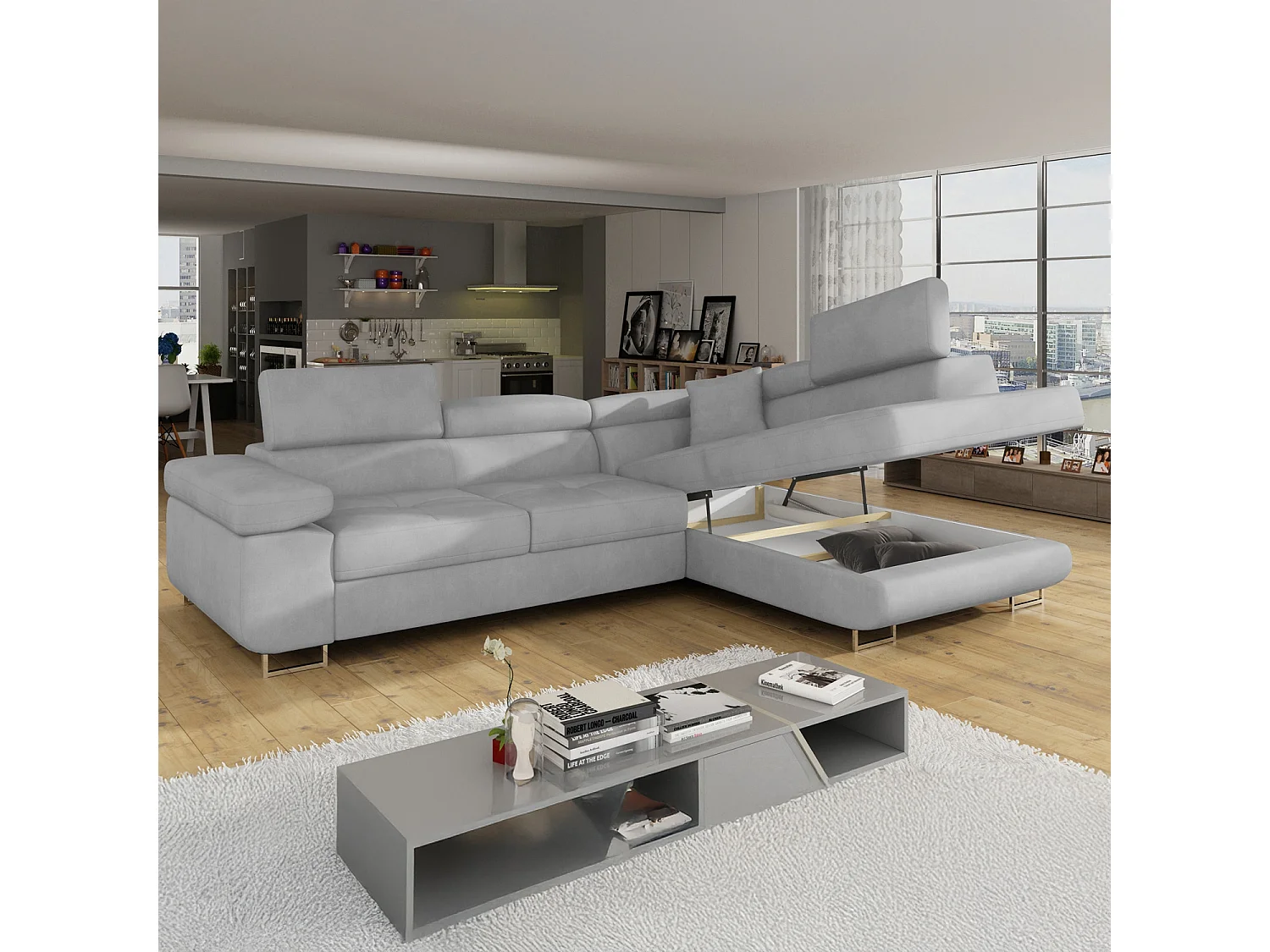 Canapé d'angle droit convertible Marius velours Gris