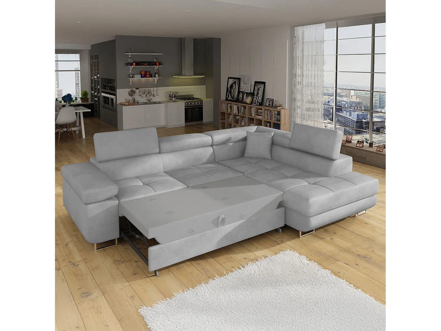 Canapé d'angle droit convertible Marius velours Gris
