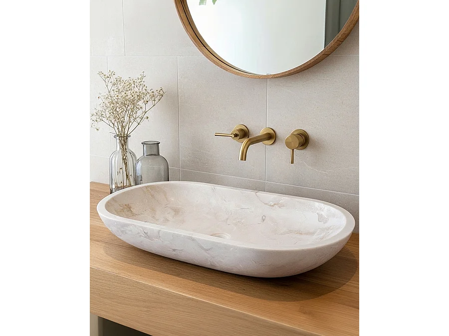 Nacre - Vasque  à poser ovale en marbre couleur crème