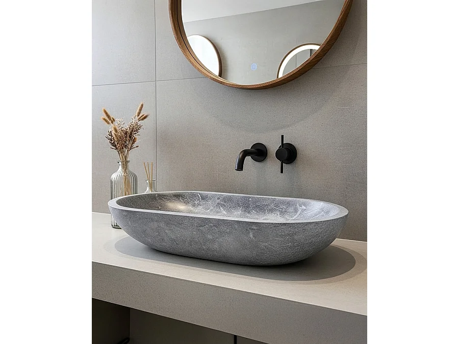 Galet - Vasque à poser ovale en marbre gris