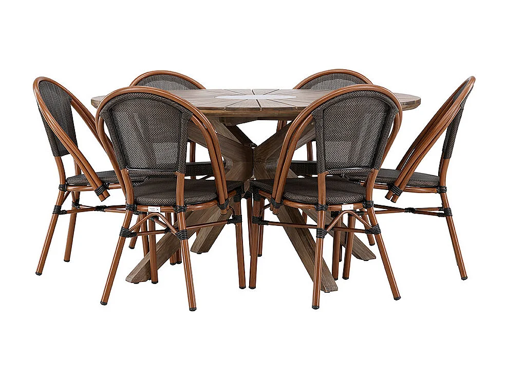 Rosario Gartenset Tisch Ø140cm braun, 6 Stühle schwarz.