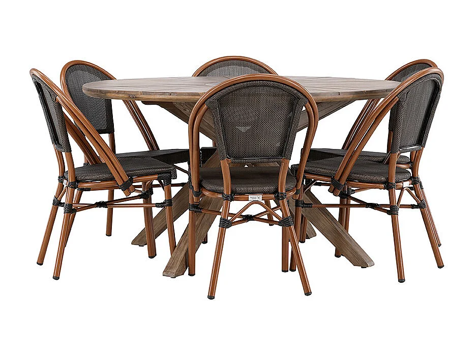Rosario Gartenset Tisch Ø140cm braun, 6 Stühle schwarz.